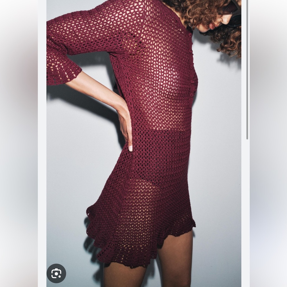 Zara NWT Crochet Knit Coverup Mini Dress 2142/051 Burgundy